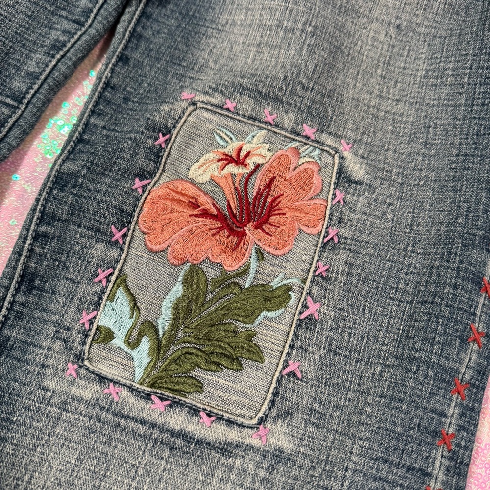 Blue Floral Embroidered Patchwork Bootcut Jeans - image 7
